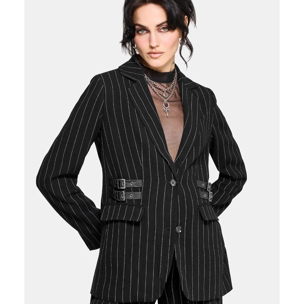 NWT Disturbia Charli Pinstripe Buckle Oversized Cotton Black Blazer US 6
